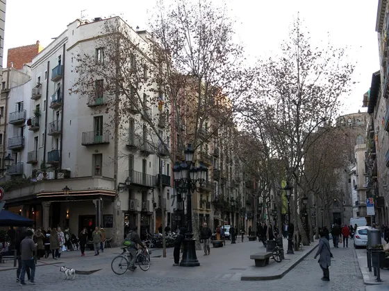El Passeig del Born a lo largo, con árboles sin hojas, farolas de hierro y edificios antiguos a los dos lados, y gente paseando y en bicicleta.
