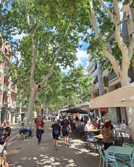 La Rambla del Poblenou bajo plátanos altos, con mesas y sillas de terraza a la derecha y gente paseando por el centro del paseo.